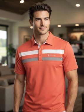Men's Coral Polo with White and Gray Stripes